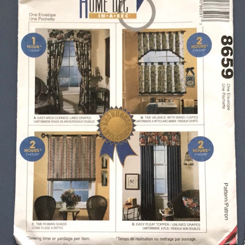 McCall’s 8659 Roman Shade Pattern and Valence Pattern